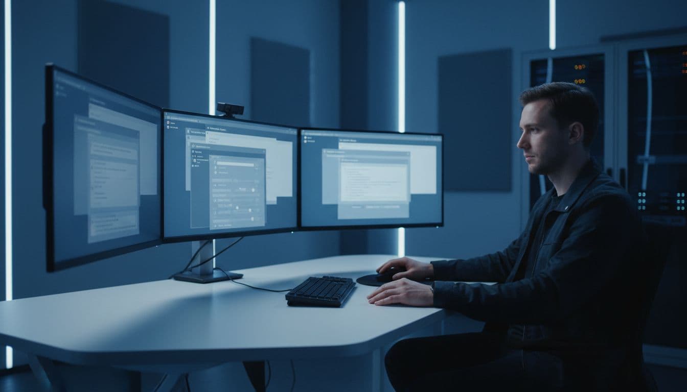 An IT security specialist works in a controlled environment room on a desktop with multiple monitors showing blurred Chrome enterprise policy interfaces, adjusting hardening settings under blue ambient lighting.