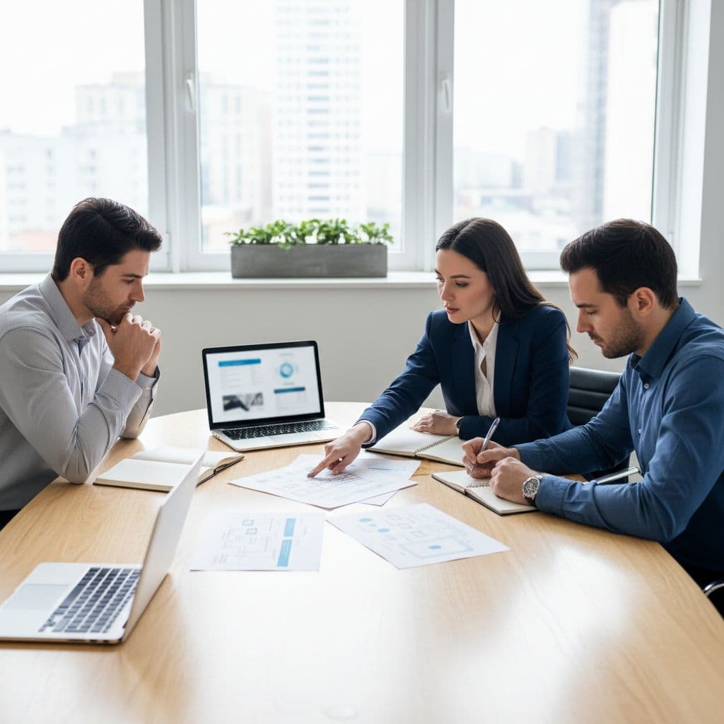 Three colleagues sit at a bright office conference table reviewing documents for a cybersecurity tabletop exercise.