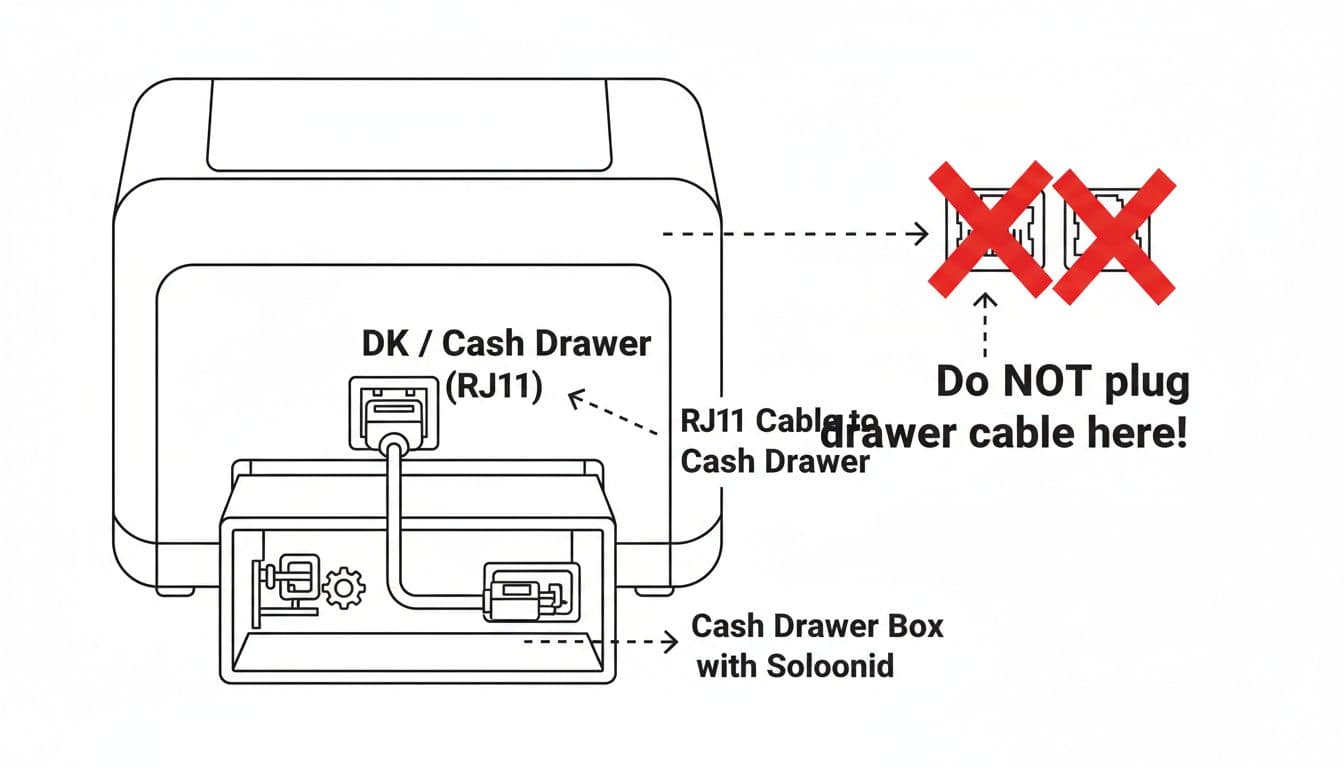 Black-and-white line drawing of thermal receipt printer rear ports, highlighting correct RJ11 drawer kick connection and warnings against Ethernet/phone jack misuse, with cash drawer schematic.