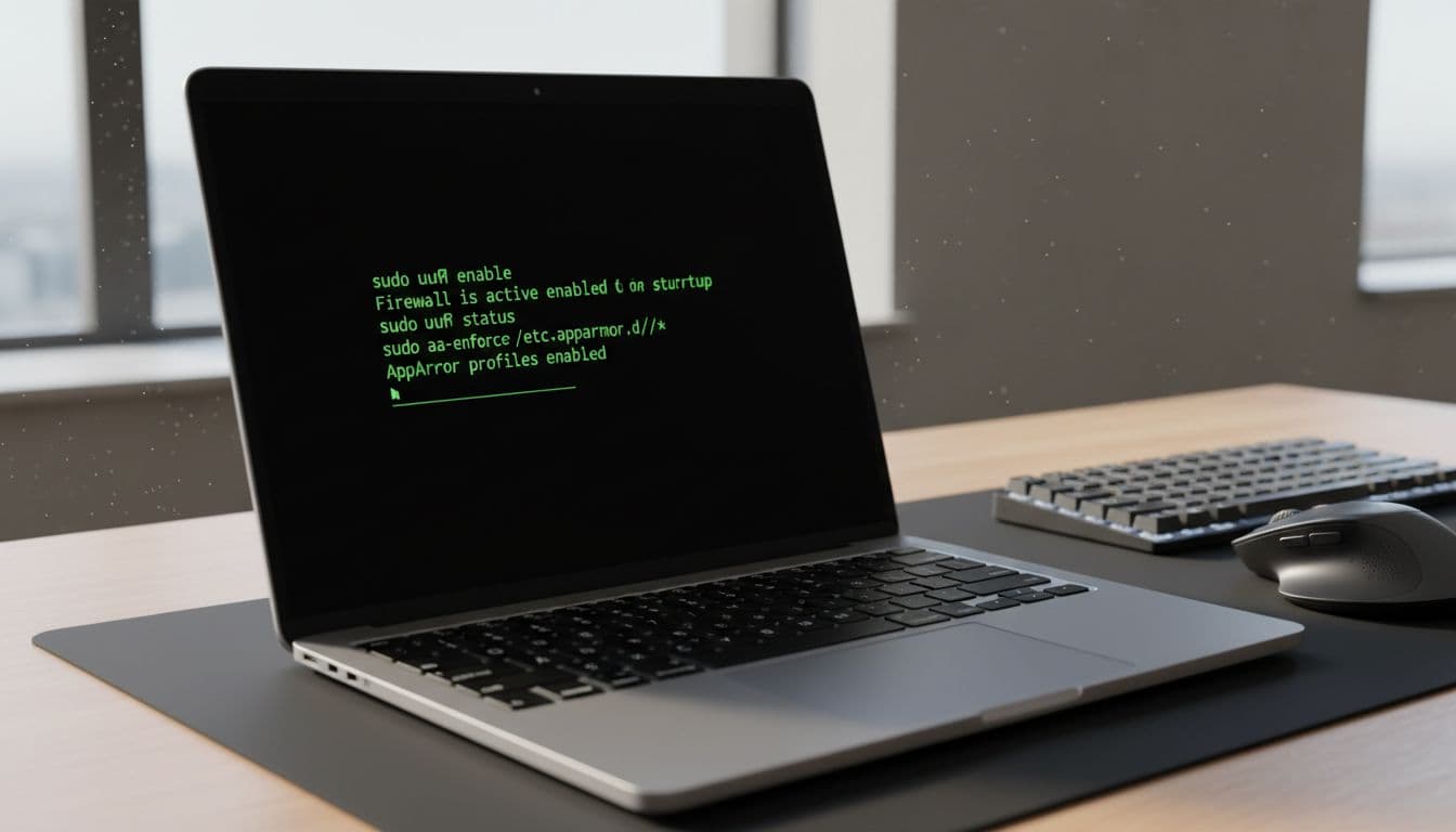 Laptop on office desk displays Ubuntu terminal with UFW and AppArmor commands in green-on-black theme.