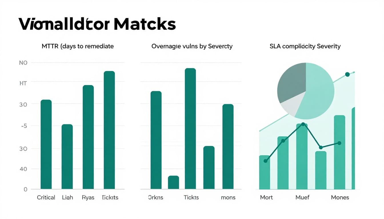 Professional minimalist infographic displaying a vulnerability metrics dashboard with bar chart for MTTR, pie chart for overdue vulnerabilities by severity, and line chart for SLA compliance over months. Features subtle gray grid, navy teal colors, icons for critical vulns, tickets, and reports on white background.