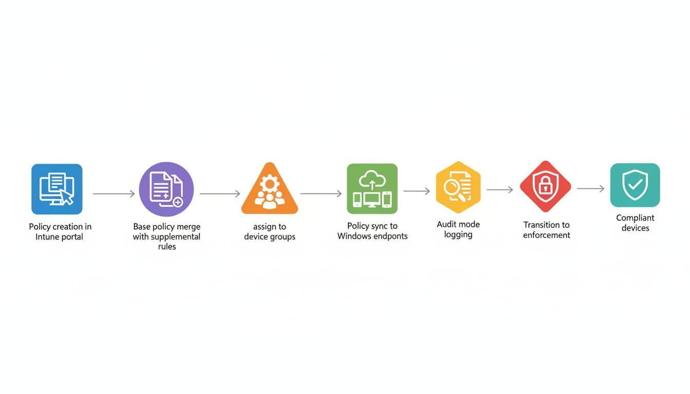 Flowchart diagram with icons for WDAC policy creation, merging, assignment, sync, audit, enforcement, and compliance, connected by arrows on white background.