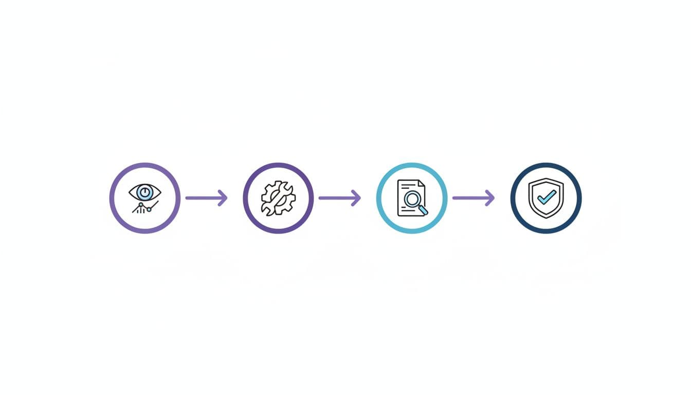 Horizontal timeline with four phase icons—monitoring, adjustment, validation, success check—linked by arrows on white background.