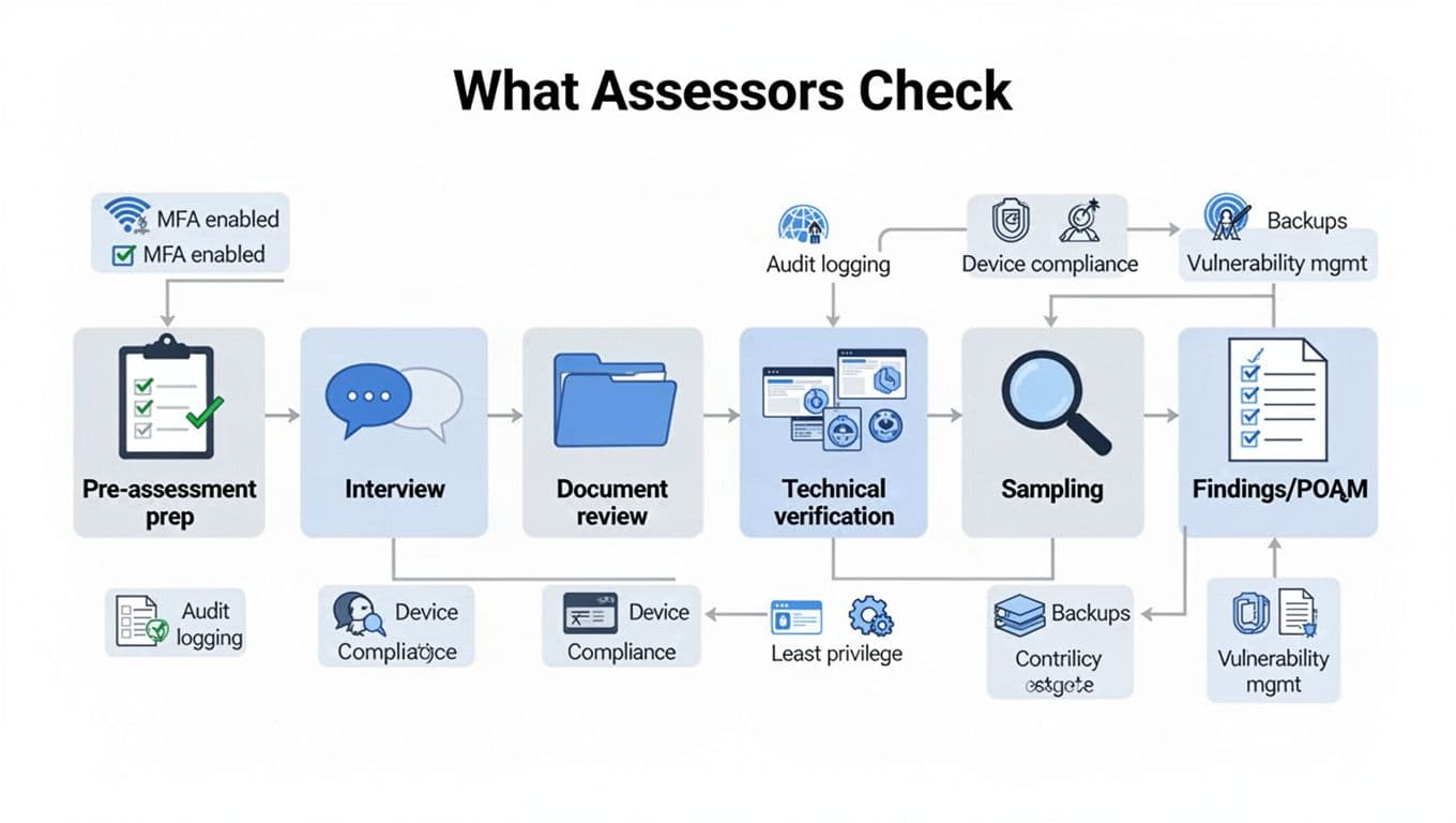 Clean, print-ready technical diagram in modern flat vector style showing the horizontal 'What Assessors Check' workflow from pre-assessment prep to findings/POA&M, with icons for each step and callouts for evidence like MFA and audit logging.