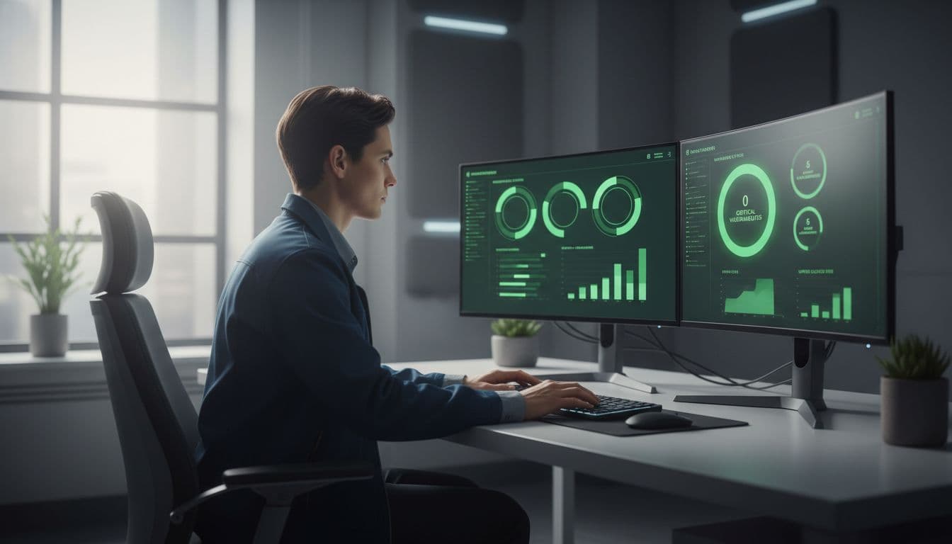 IT security administrator sitting at a desk in a modern office, viewing dual monitors showing a patch management dashboard with green compliance charts and vulnerability summaries for Windows systems.