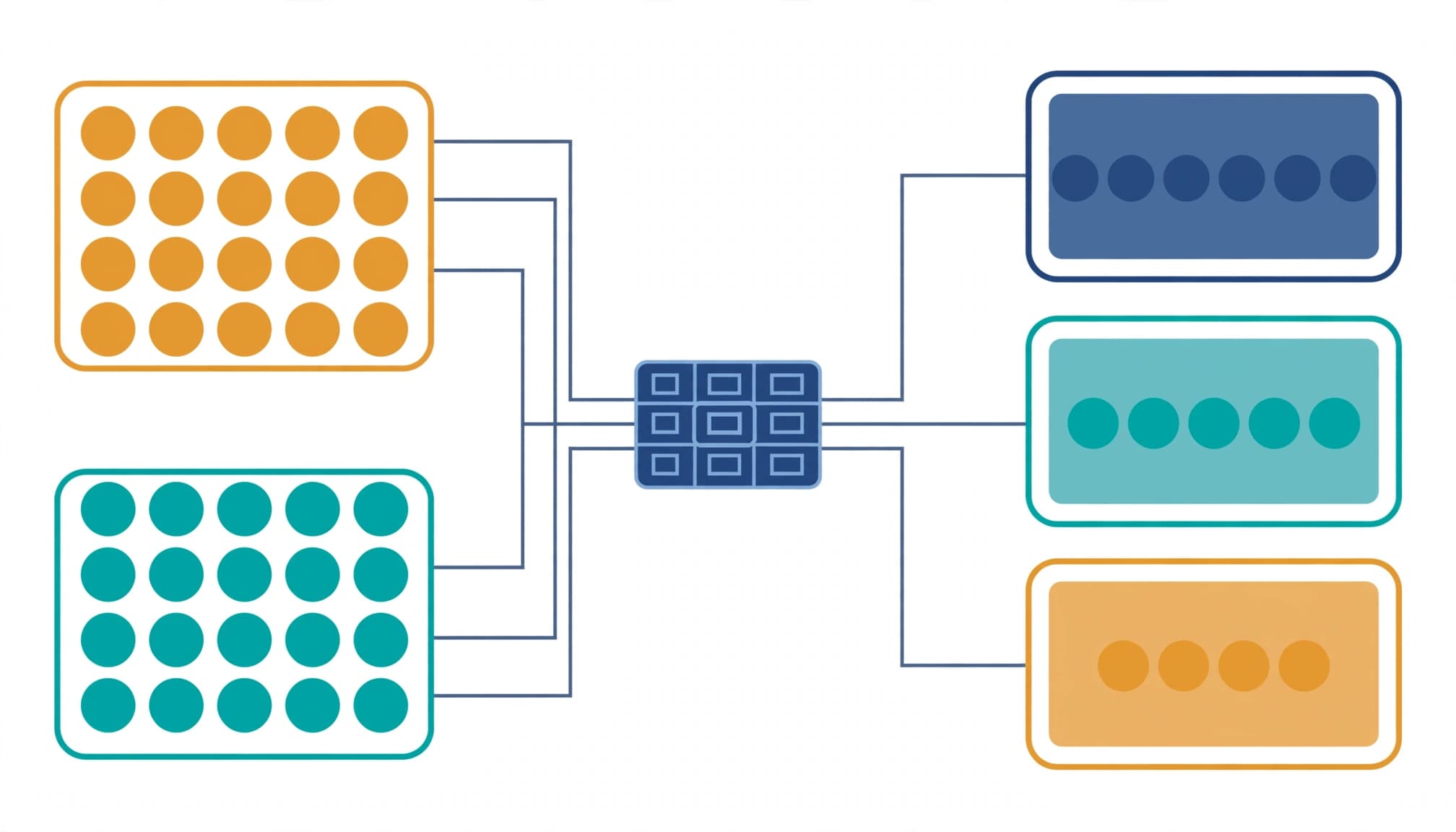 Grouped worker tokens connect to color-coded license tiers and a central ledger.