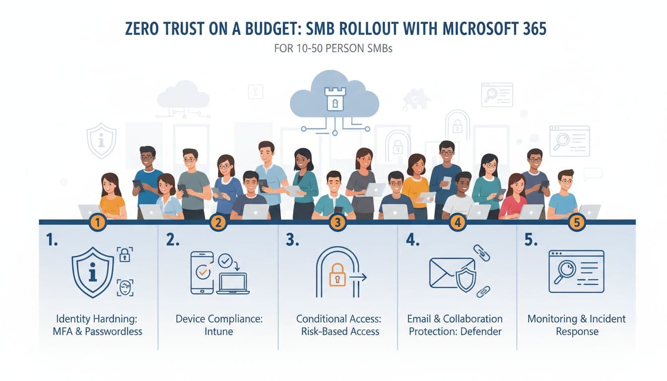 Clean vector infographic depicting a five-step Zero Trust rollout for 10-50 person SMBs using Microsoft 365, from identity hardening to monitoring.