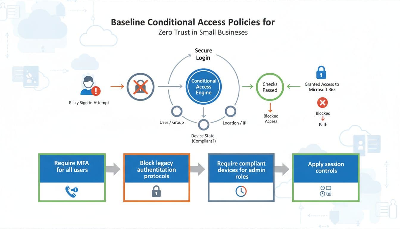Clean, modern vector-style infographic illustrating four key baseline Conditional Access policies for zero trust in Microsoft 365 small businesses, including MFA, blocking legacy authentication, compliant devices for admins, and session controls, shown in a secure user login flowchart.